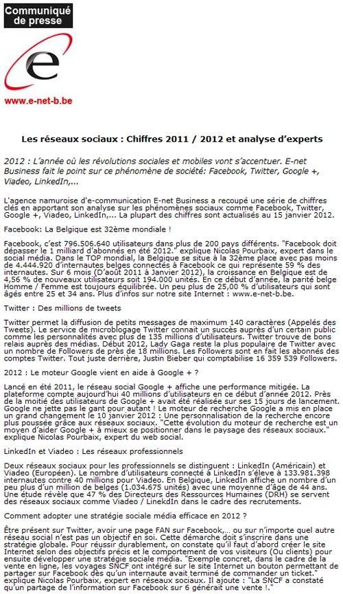 Communiqué de presse dans Belga sur les réseaux sociaux